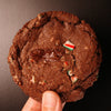 Chocolate peppermint cookie with a hand holding it against a dark background